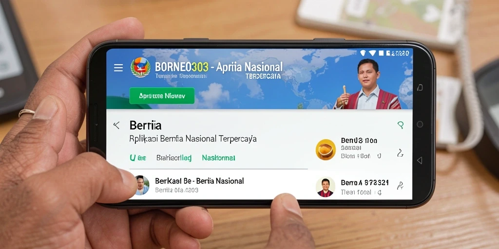 Tampilan antarmuka aplikasi BORNEO303 menunjukkan berita nasional terkini.