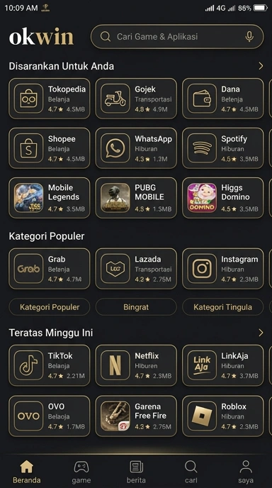 Tampilan katalog aplikasi okwin