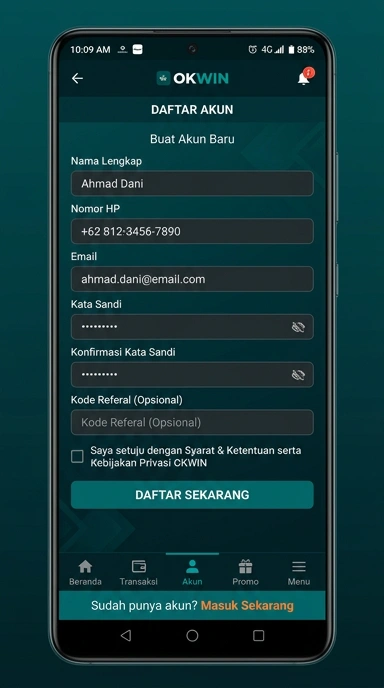 Tampilan halaman daftar okwin